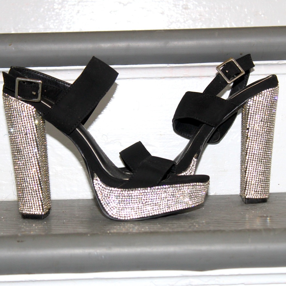 Black chunky heels with silver rhinestone’s
